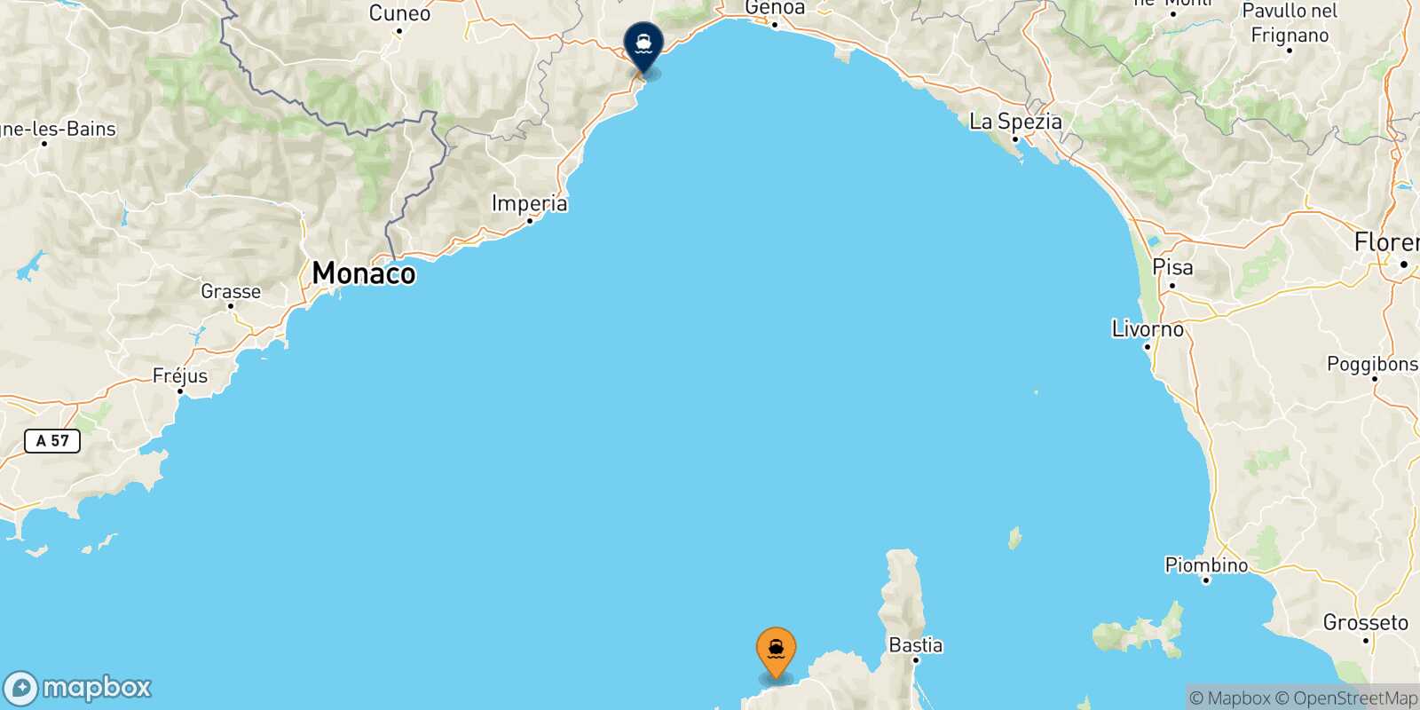 Map of the destinations reachable from Calvi