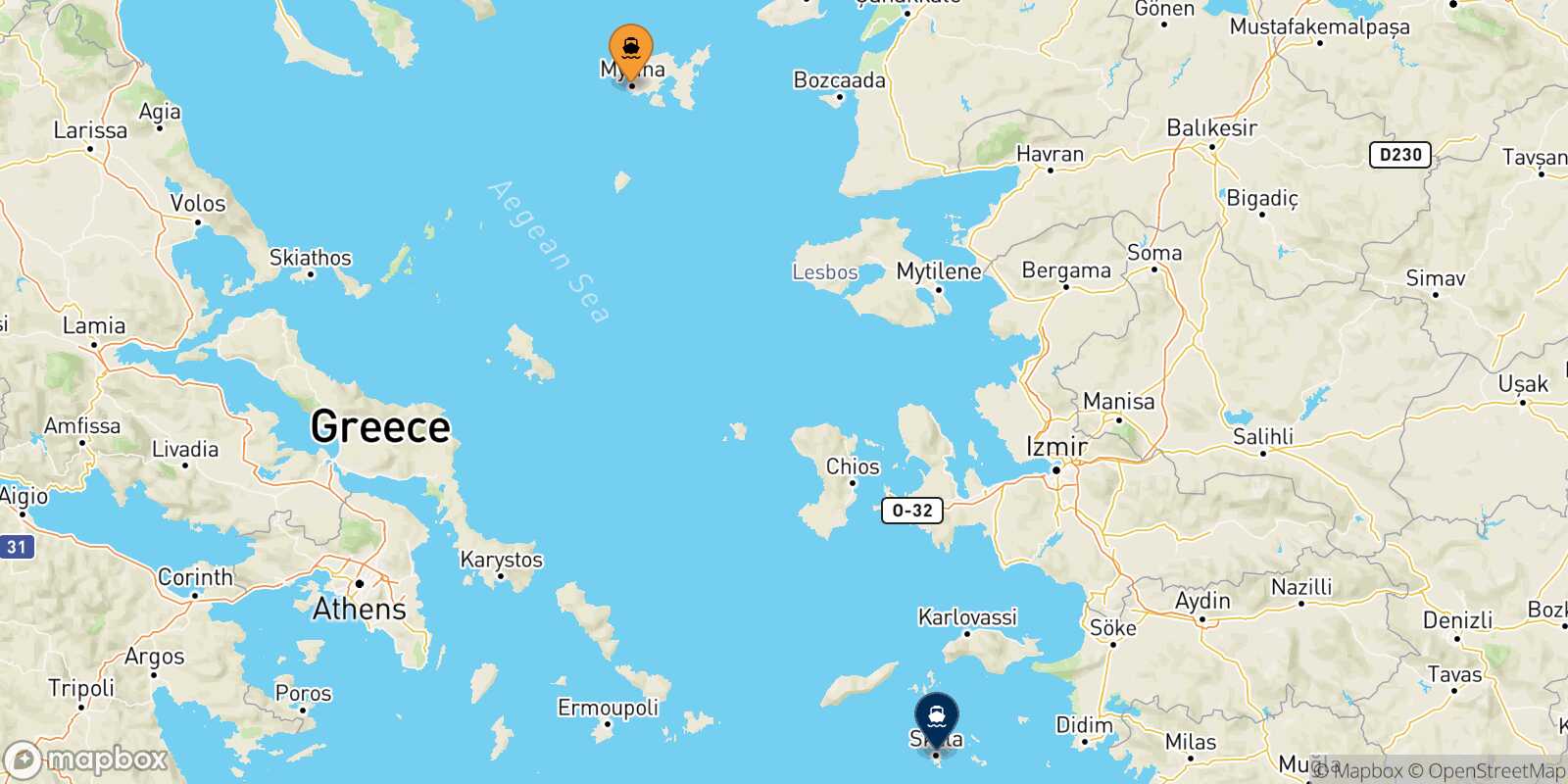 Myrina (Limnos) Patmos route map