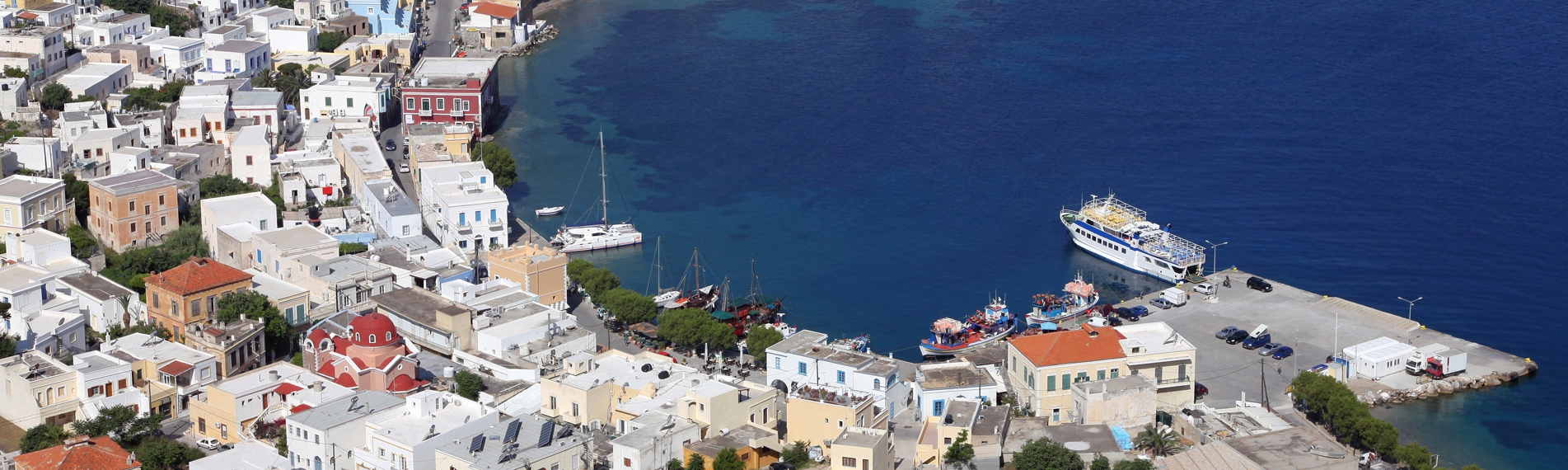 Aerial view of the sea and the coast on Leros, in the Dodecanese.