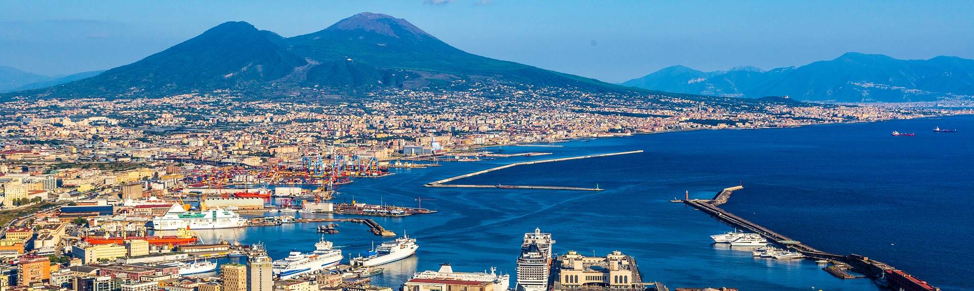 View of the Gulf with Mount Vesuvius in the distance, Naples, Italy.