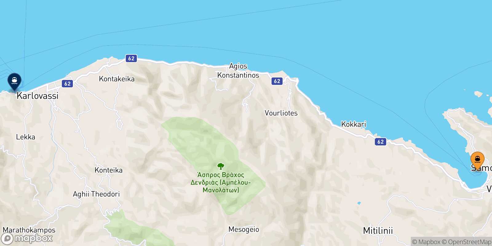 Vathi (Samos) Karlovassi (Samos) route map