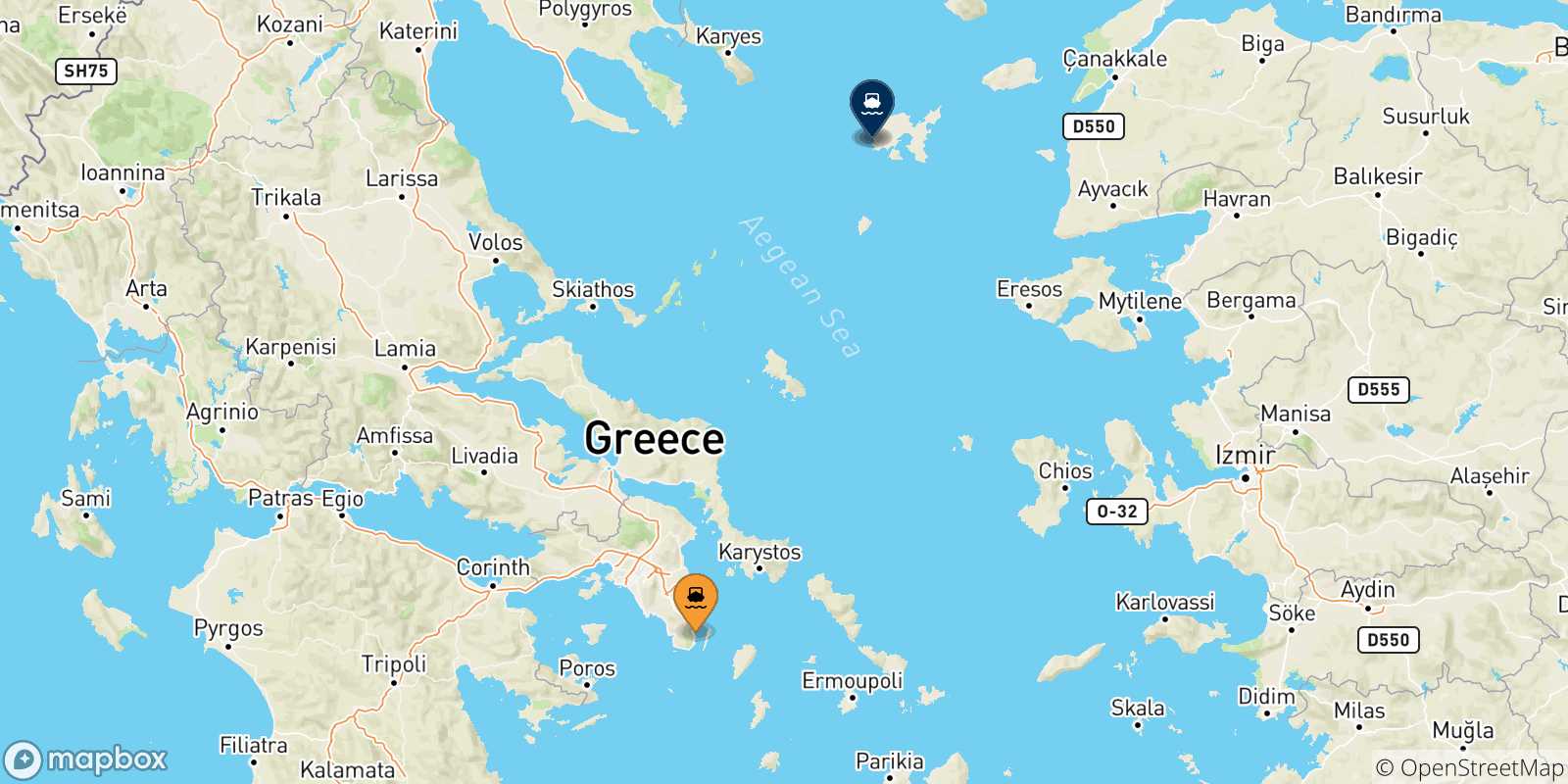 Map of the possible routes between Lavrio and Aegean Islands