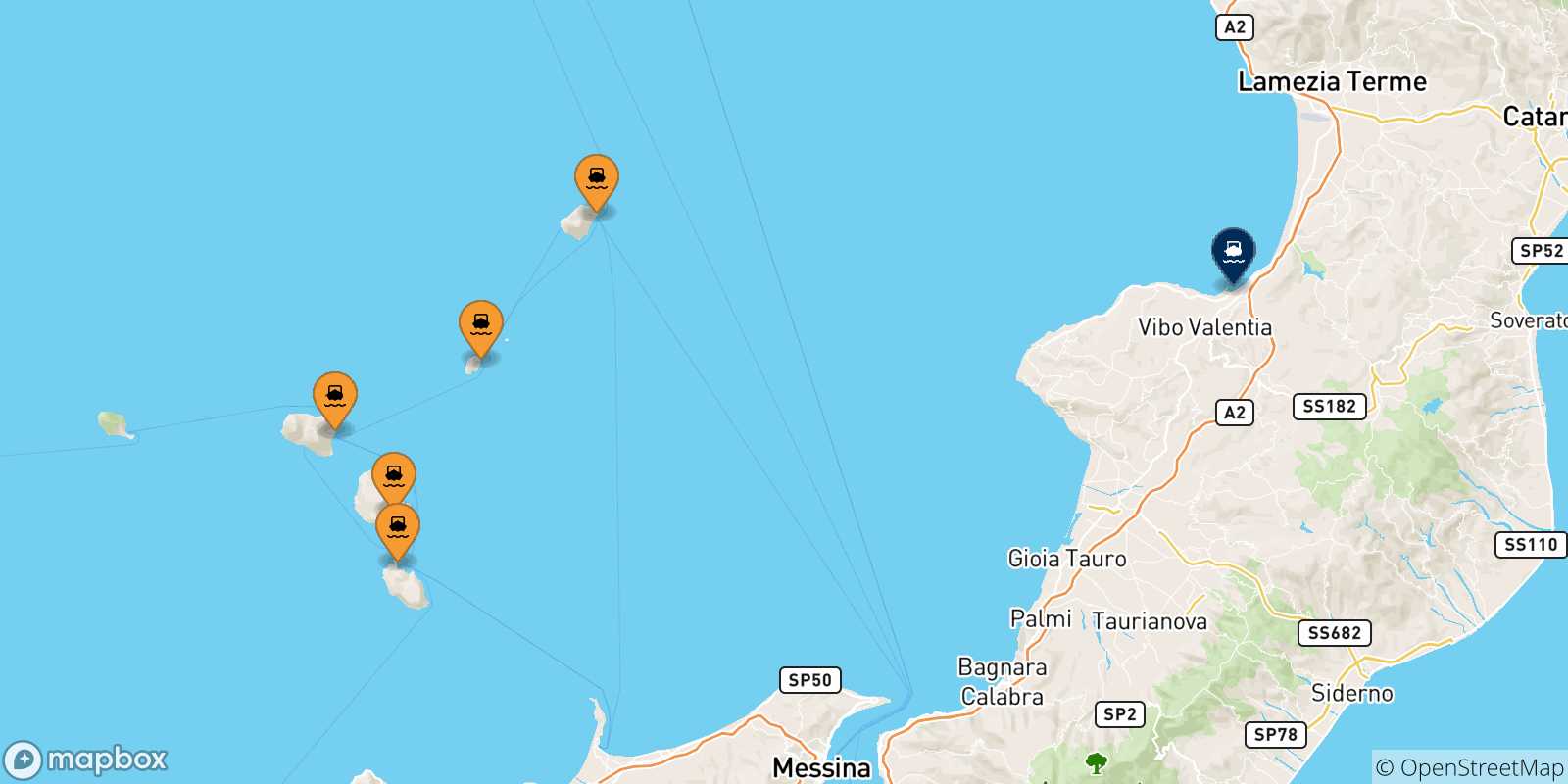 Map of the possible routes between Aeolian Islands and Vibo Valentia