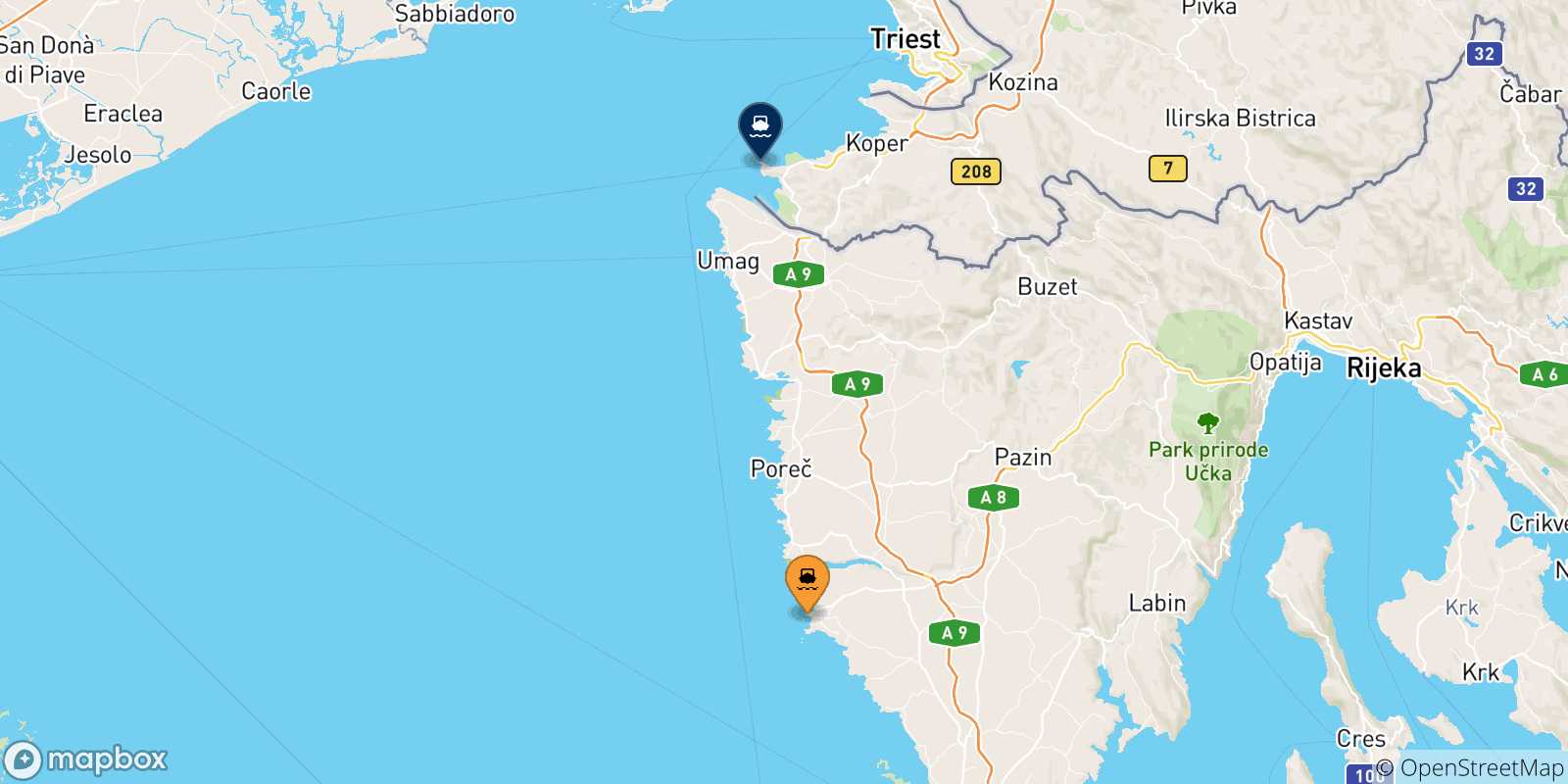 Map of the possible routes between Rovinj and Slovenia