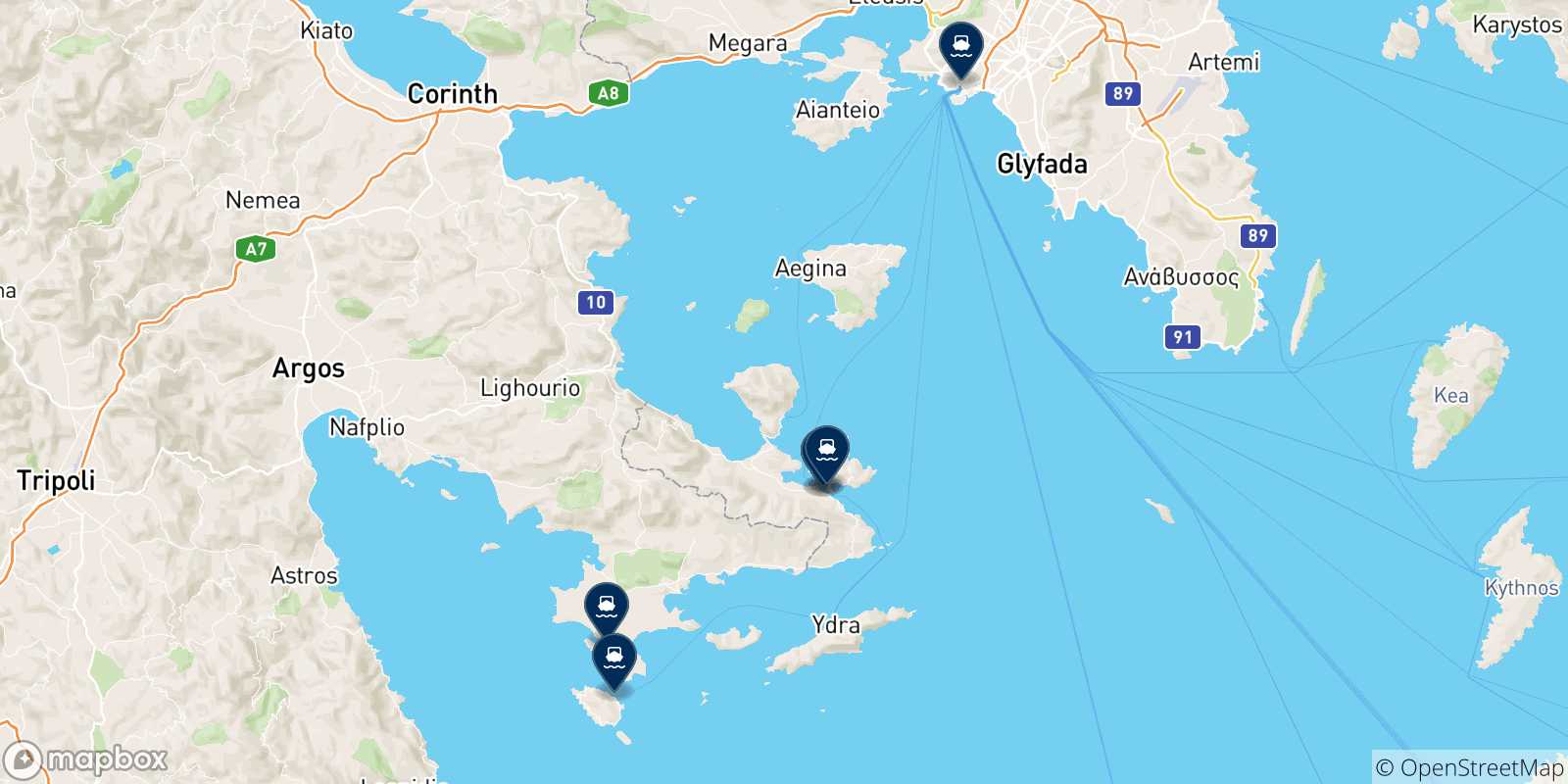 Map of the possible routes between Hydra and Greece
