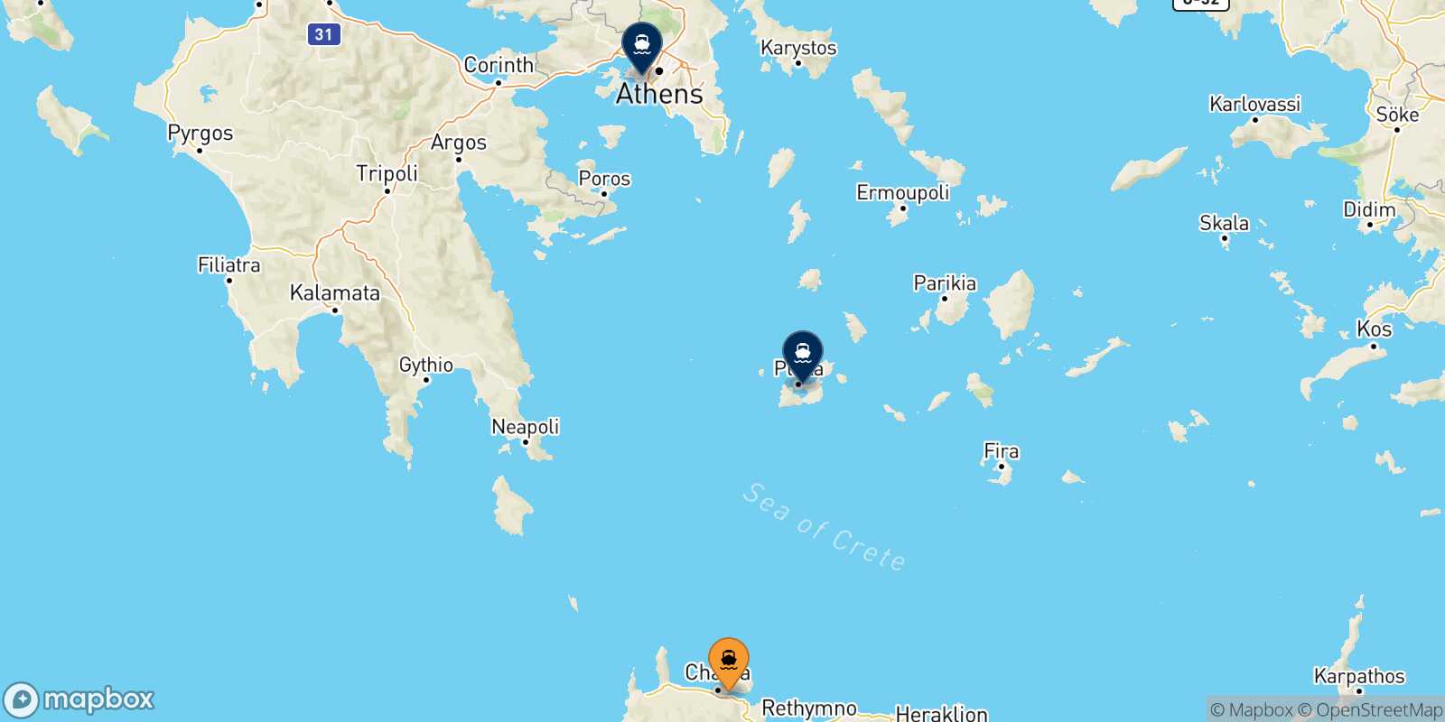 Map of the destinations reachable from Chania
