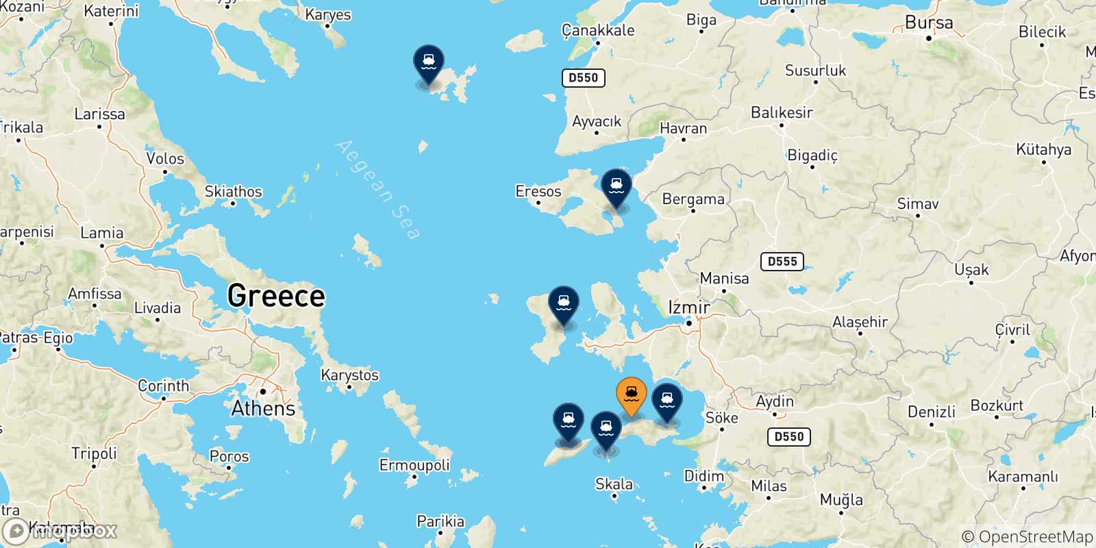 Map of the possible routes between Karlovassi (Samos) and Aegean Islands