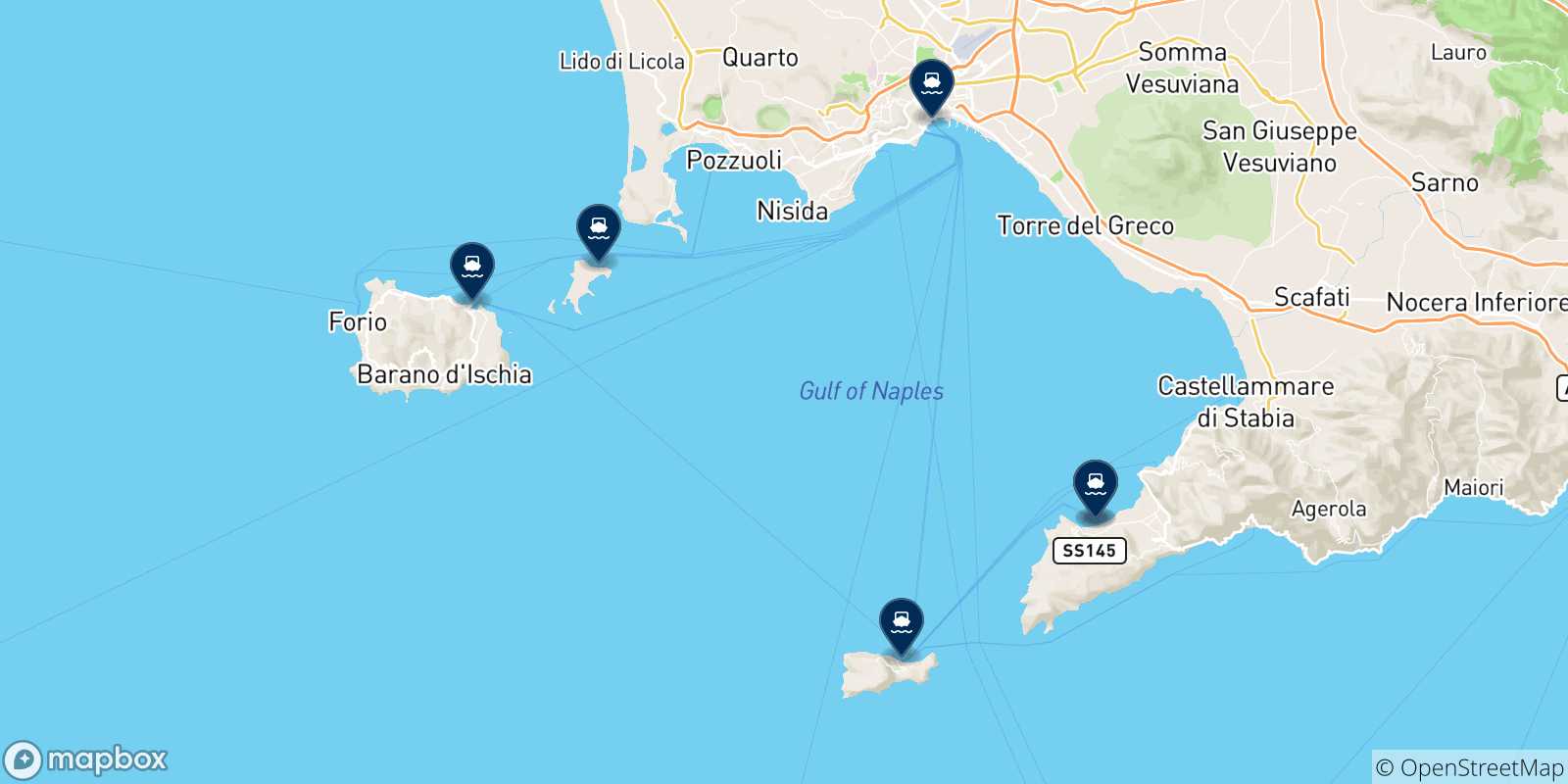 Map of the possible routes between Sorrento and Italy