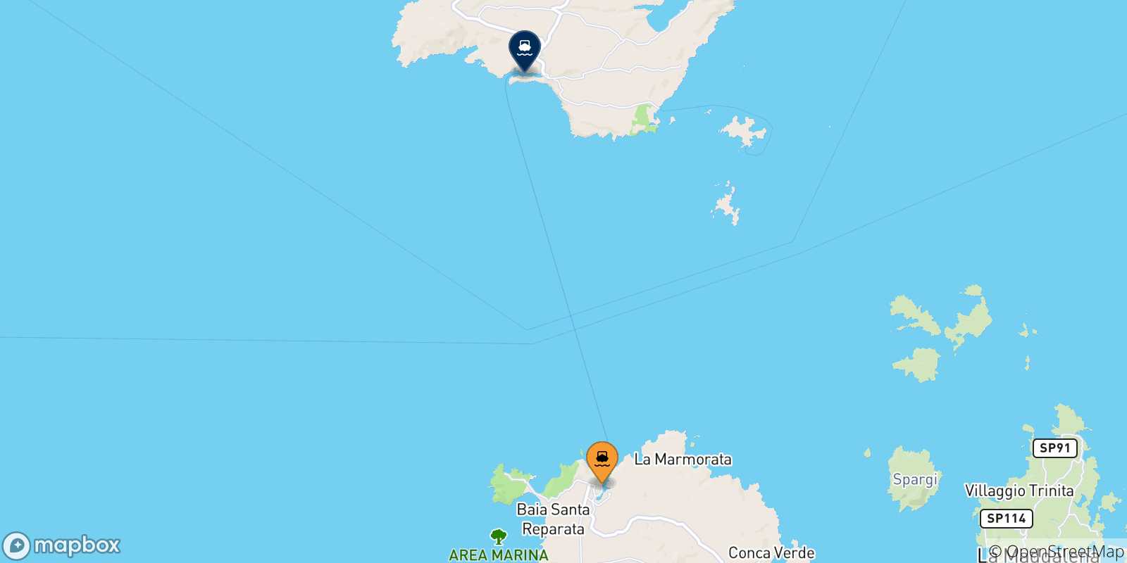 Map of the possible routes between Santa Teresa Di Gallura and Corsica
