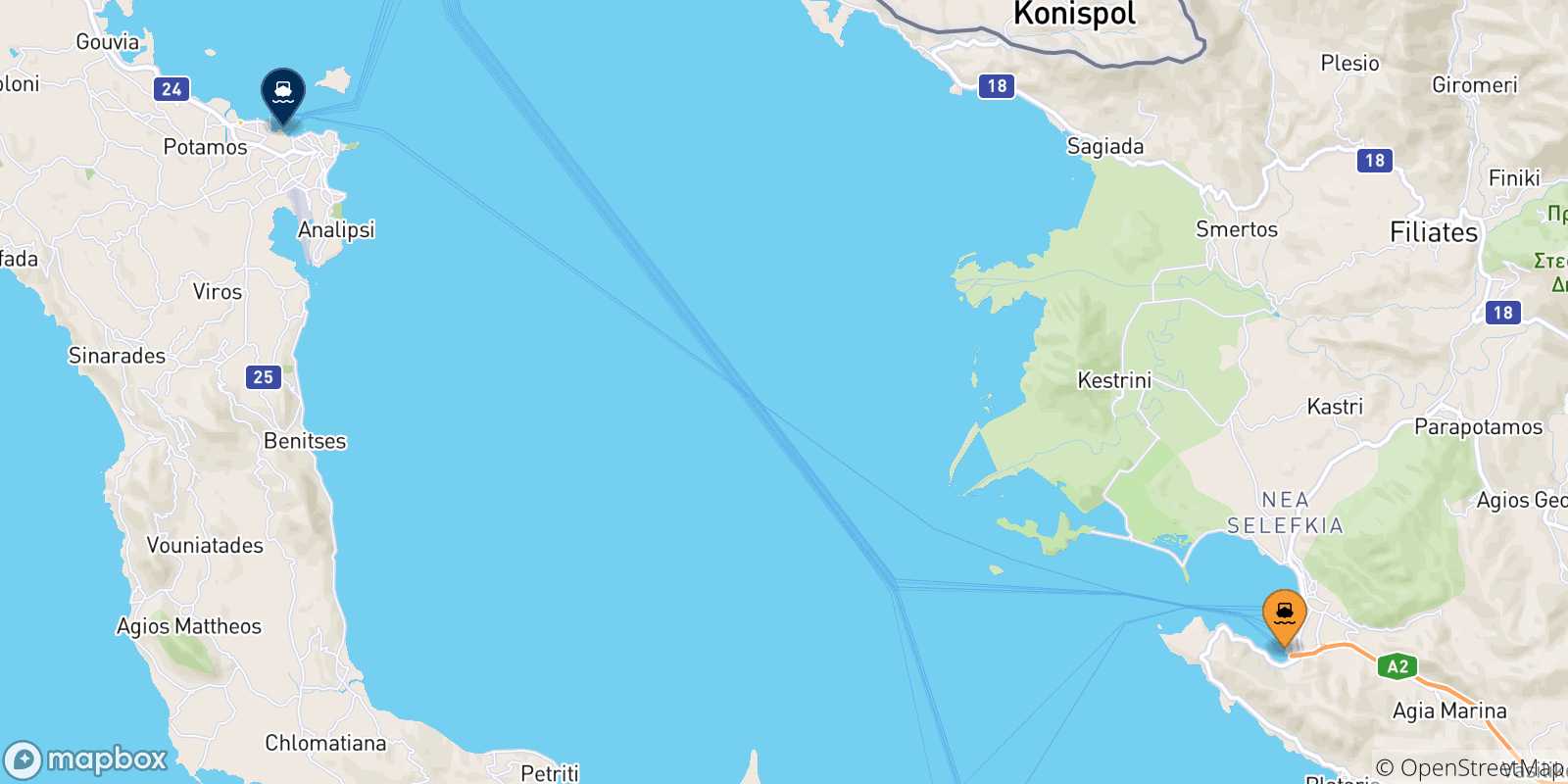 Map of the possible routes between Igoumenitsa and Ionian Islands