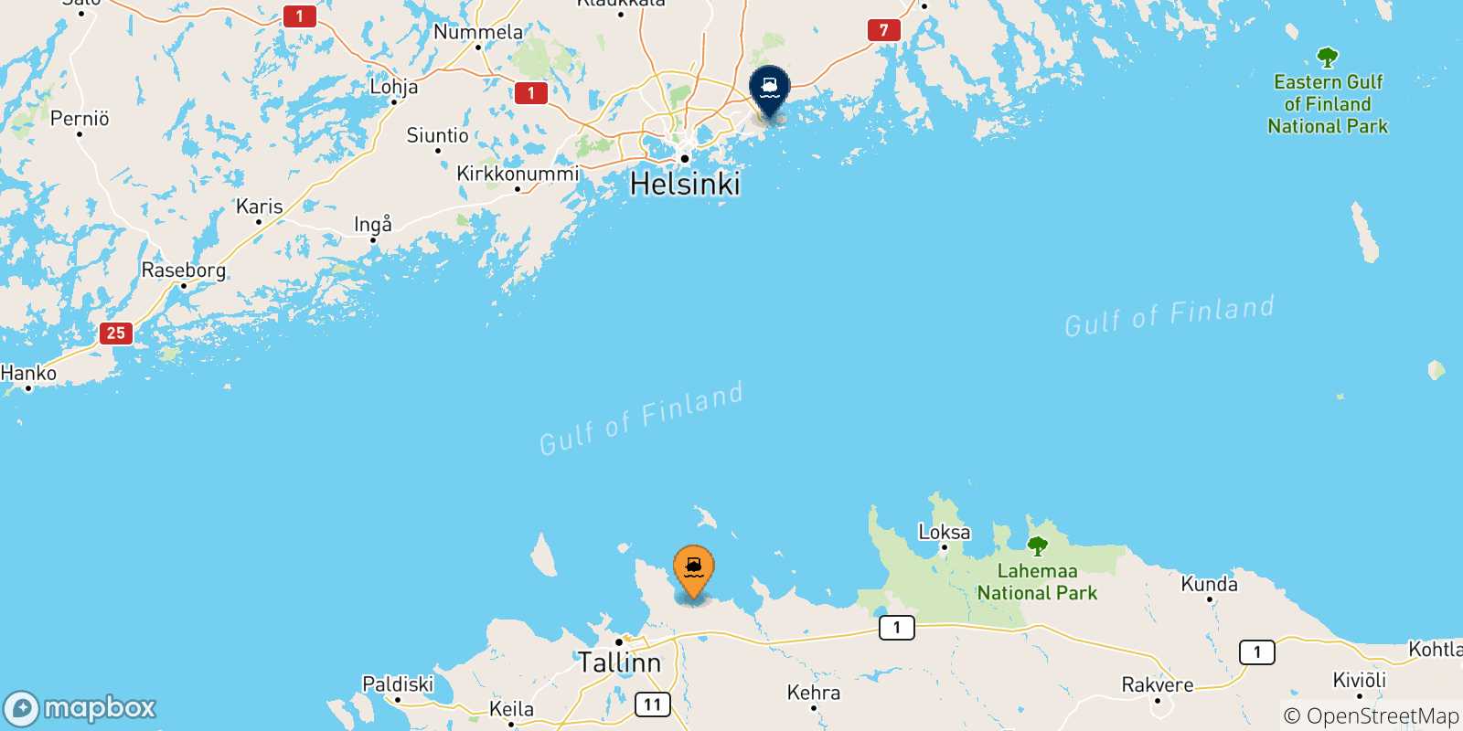 Map of the possible routes between Muuga and Finland