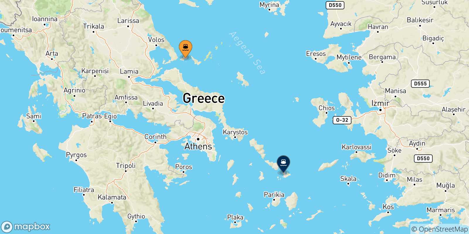 Map of the possible routes between Sporades Islands and Mykonos