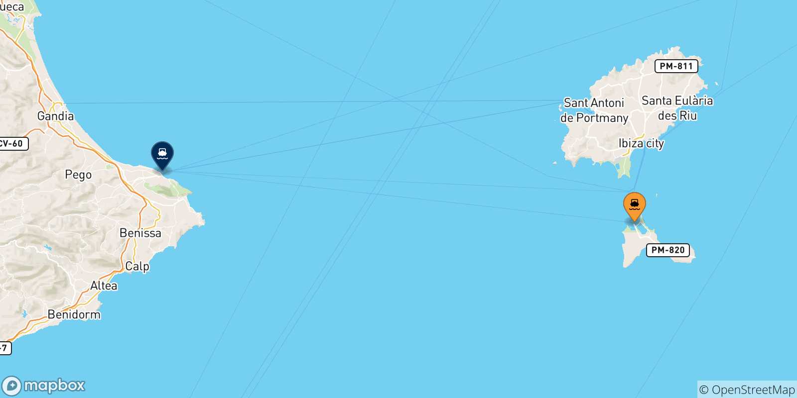 Map of the possible routes between Balearic Islands and Denia