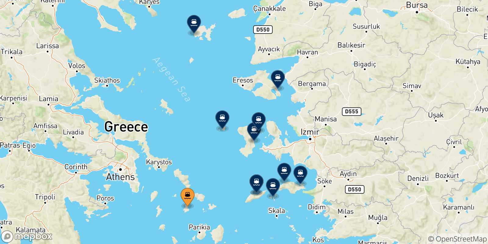 Map of the possible routes between Syros and Aegean Islands