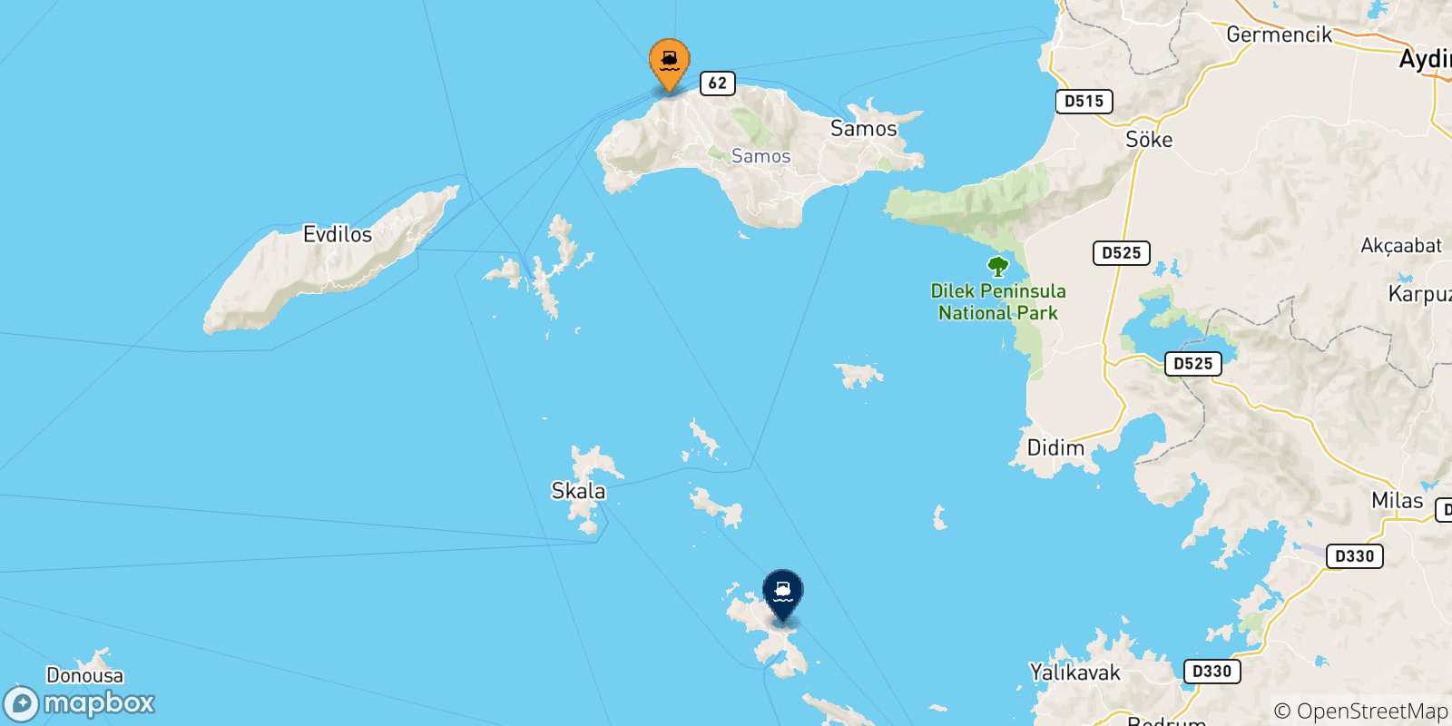 Map of the possible routes between Aegean Islands and Agia Marina (Leros)