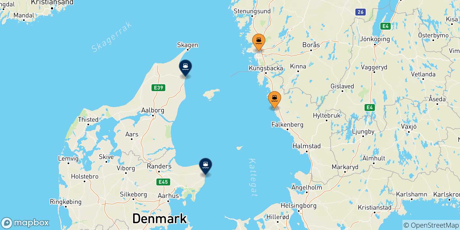 Map of the possible routes between Sweden and Denmark