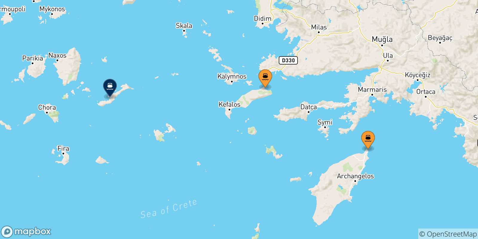 Map of the possible routes between Dodecanese Islands and Katapola (Amorgos)