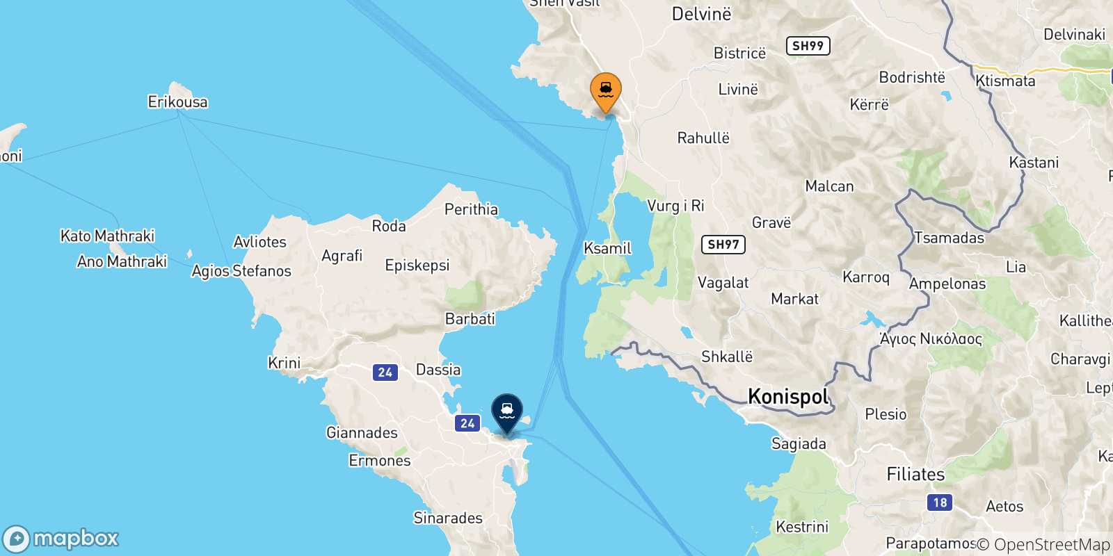Map of the possible routes between Albania and Corfu