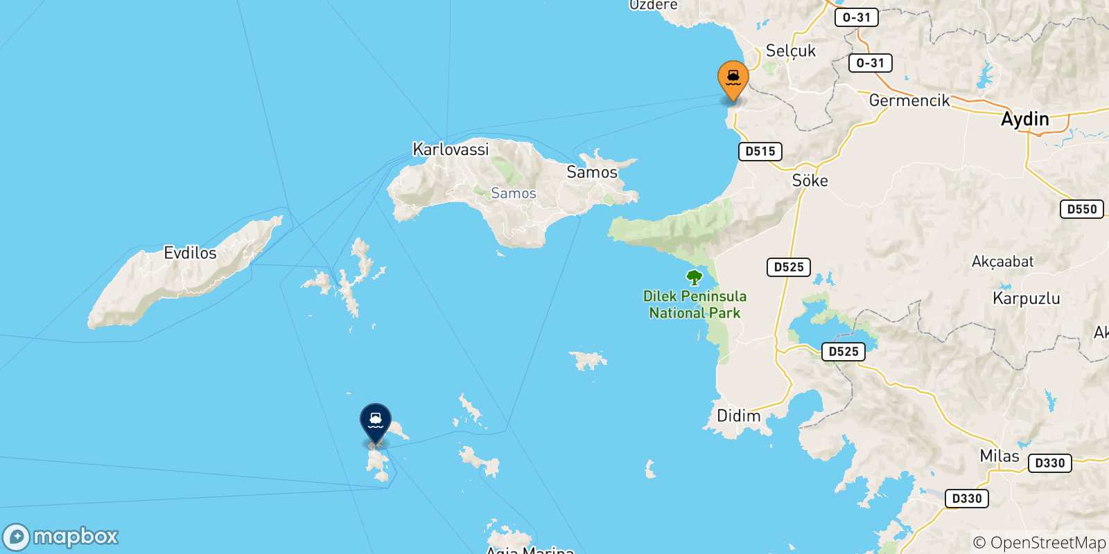 Map of the possible routes between Kusadasi and Dodecanese Islands