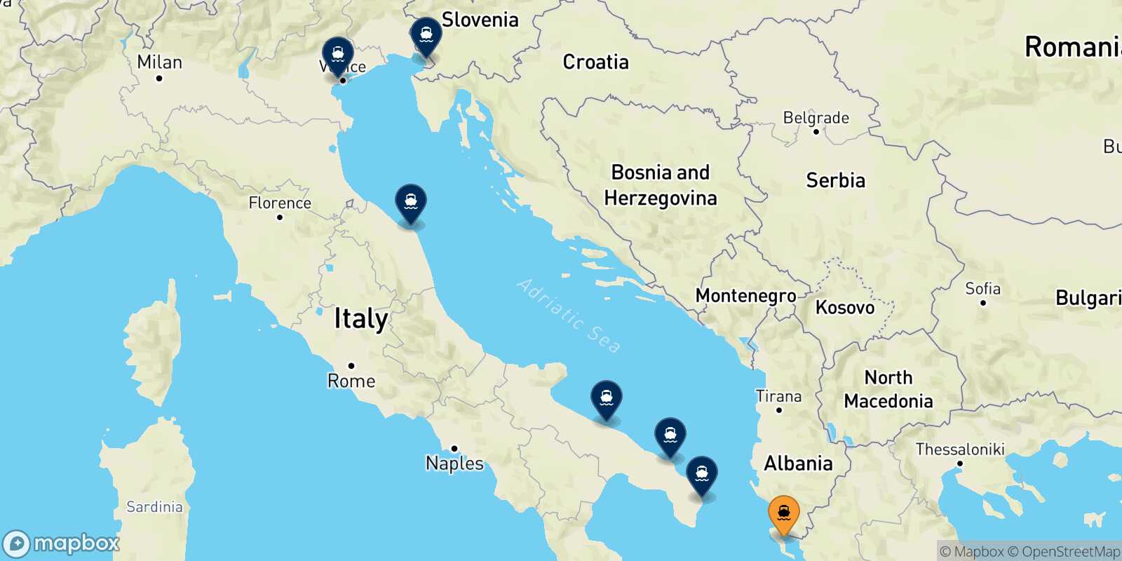 Map of the destinations reachable from Corfu