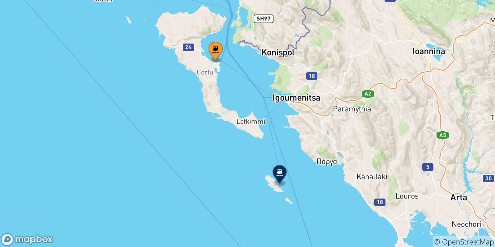 Map of the possible routes between Corfu and Ionian Islands