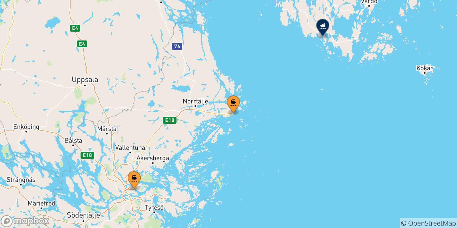 Map of the possible routes between Sweden and Mariehamn