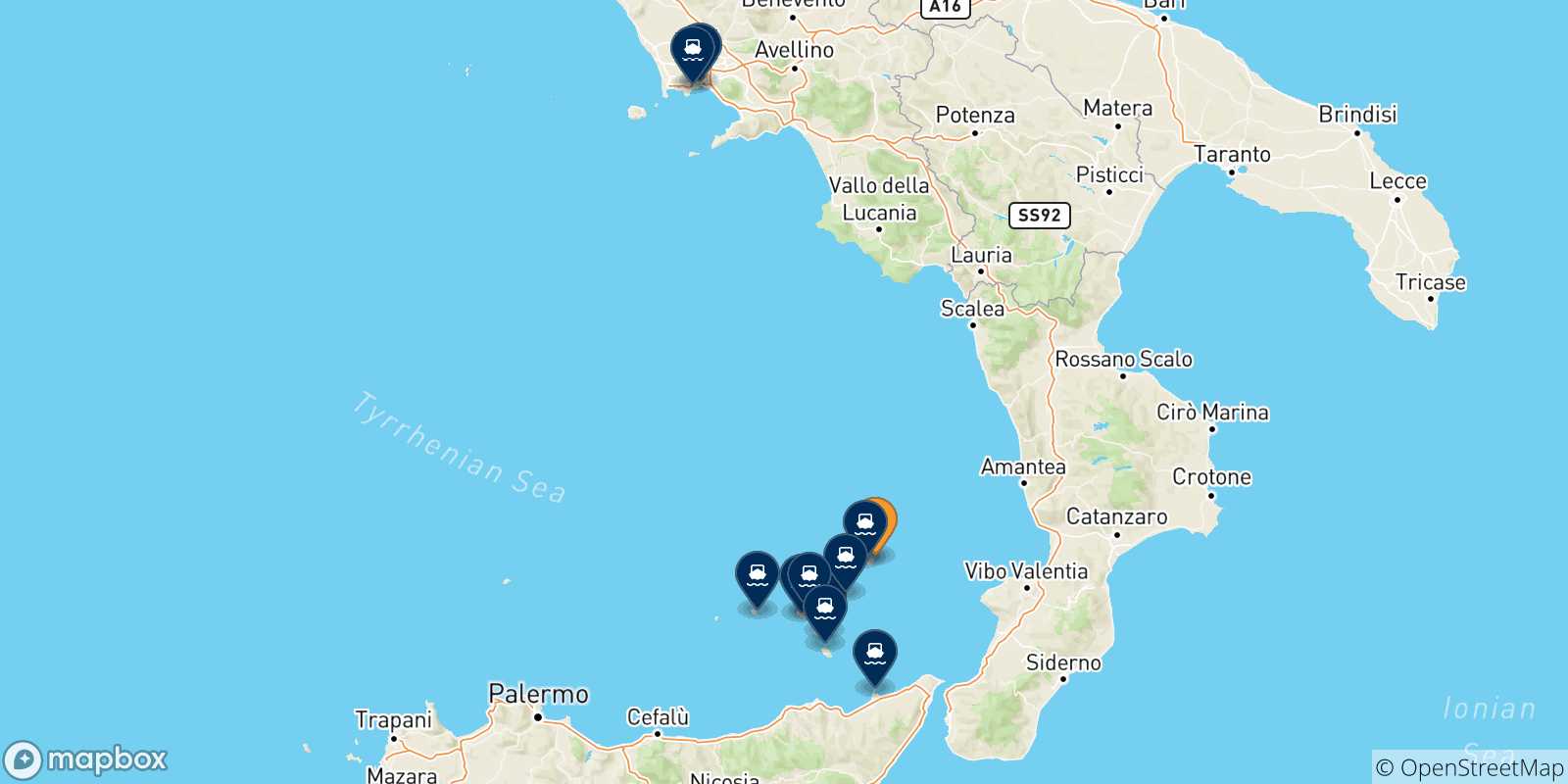 Map of the possible routes between Stromboli and Italy