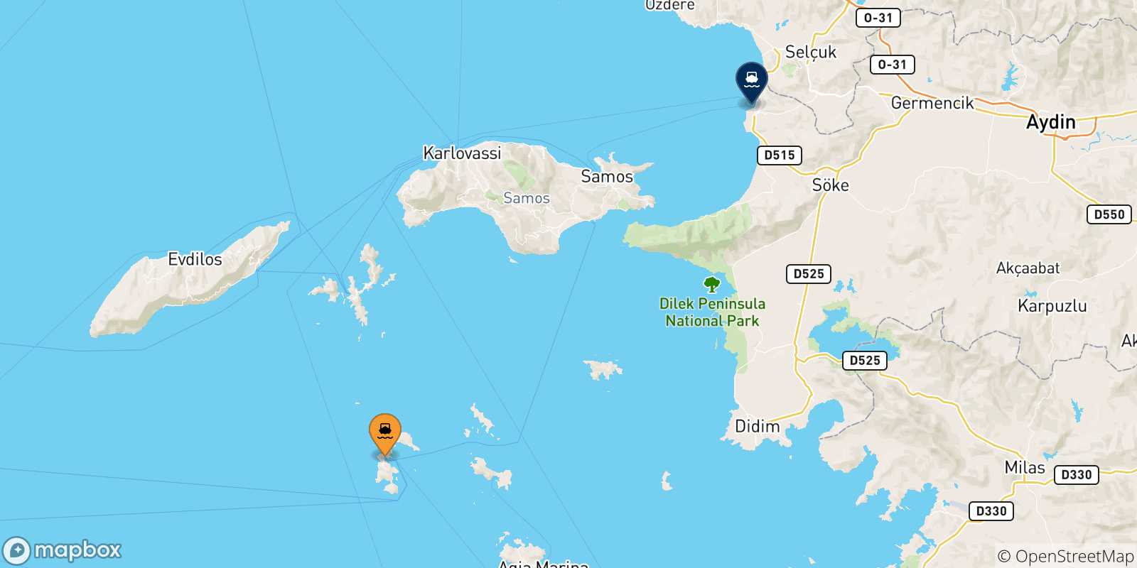 Map of the possible routes between Dodecanese Islands and Kusadasi