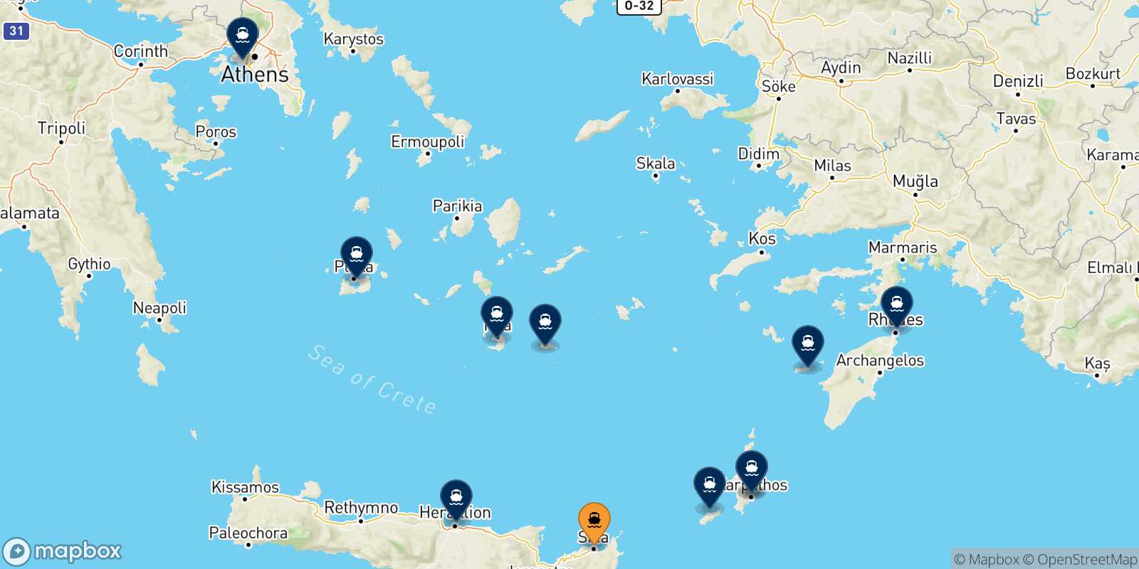 Map of the destinations reachable from Sitia