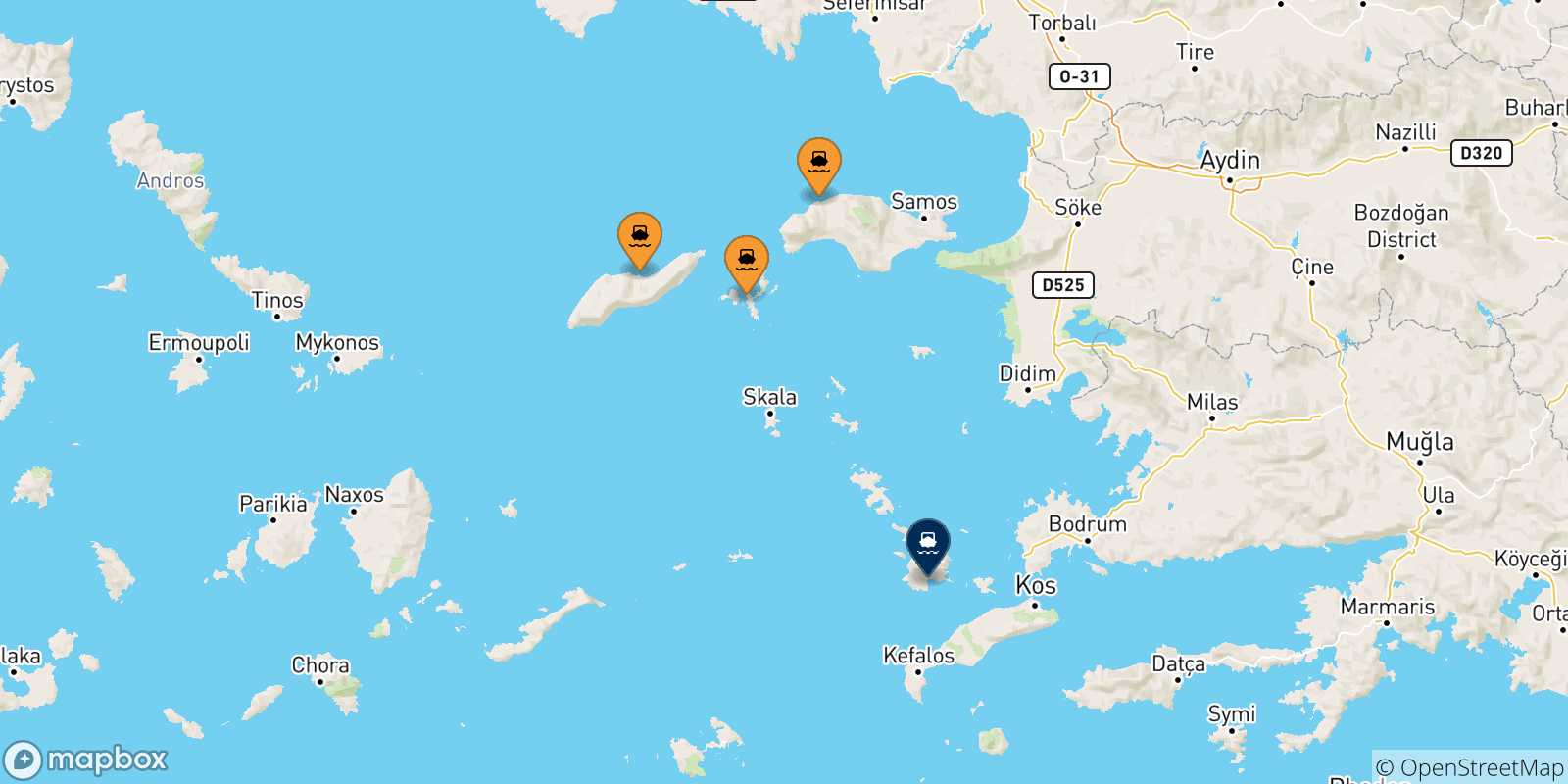 Map of the possible routes between Aegean Islands and Kalymnos