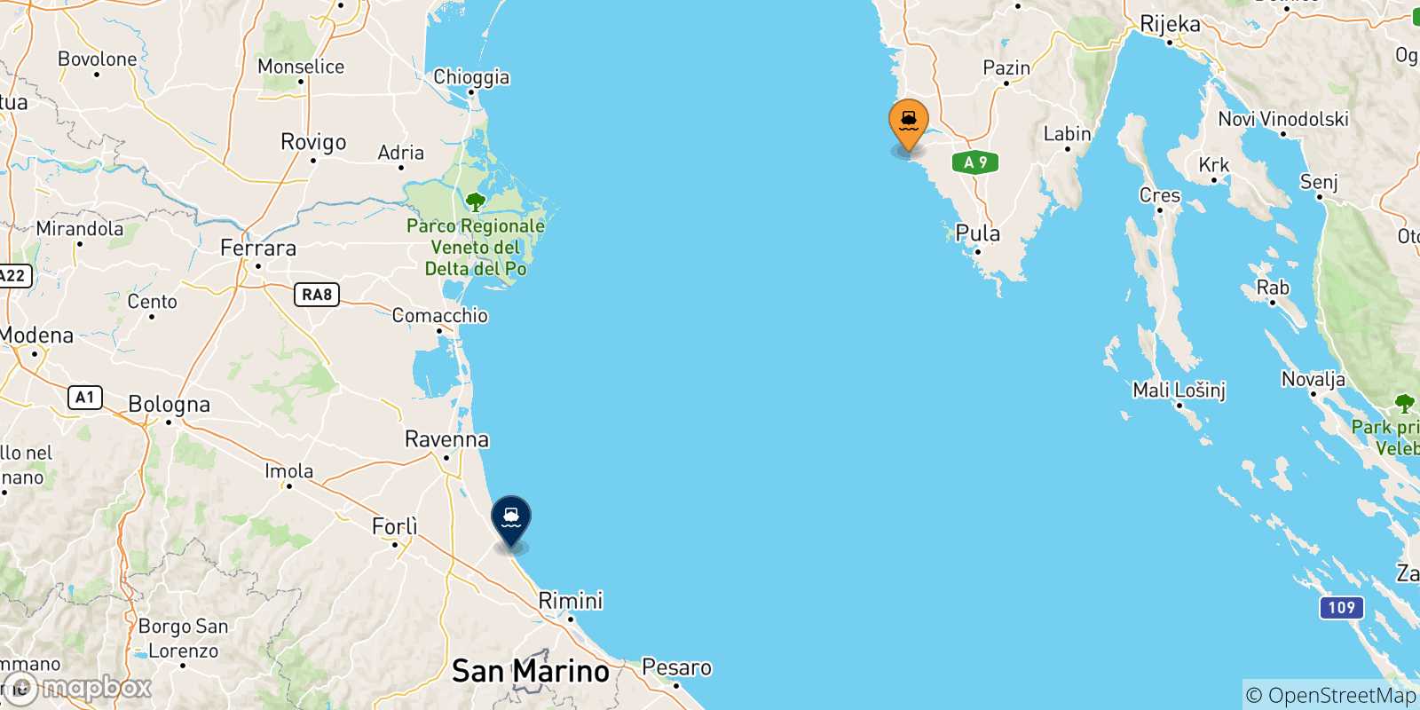 Map of the possible routes between Rovinj and Italy