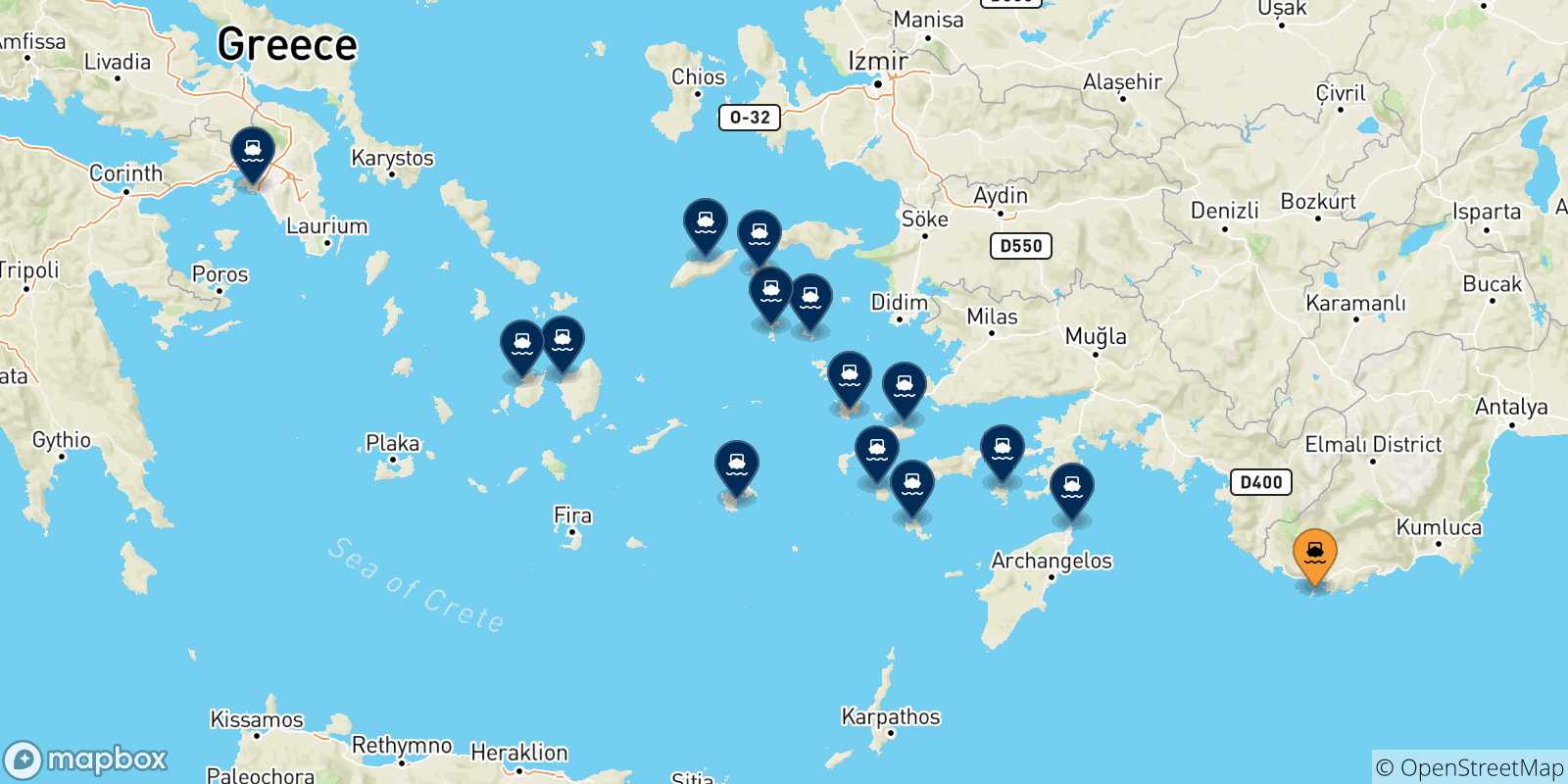 Map of the possible routes between Kastelorizo and Greece