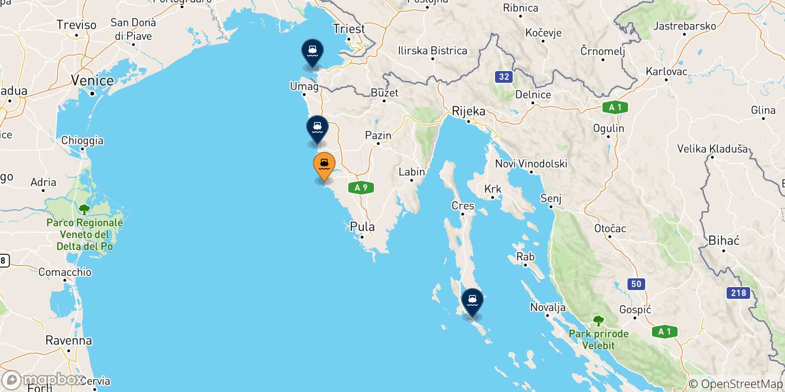 Map of the possible routes between Rovinj and Croatia