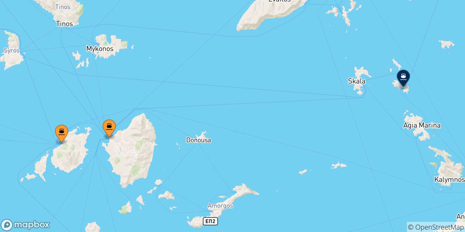 Map of the possible routes between Cyclades Islands and Lipsi
