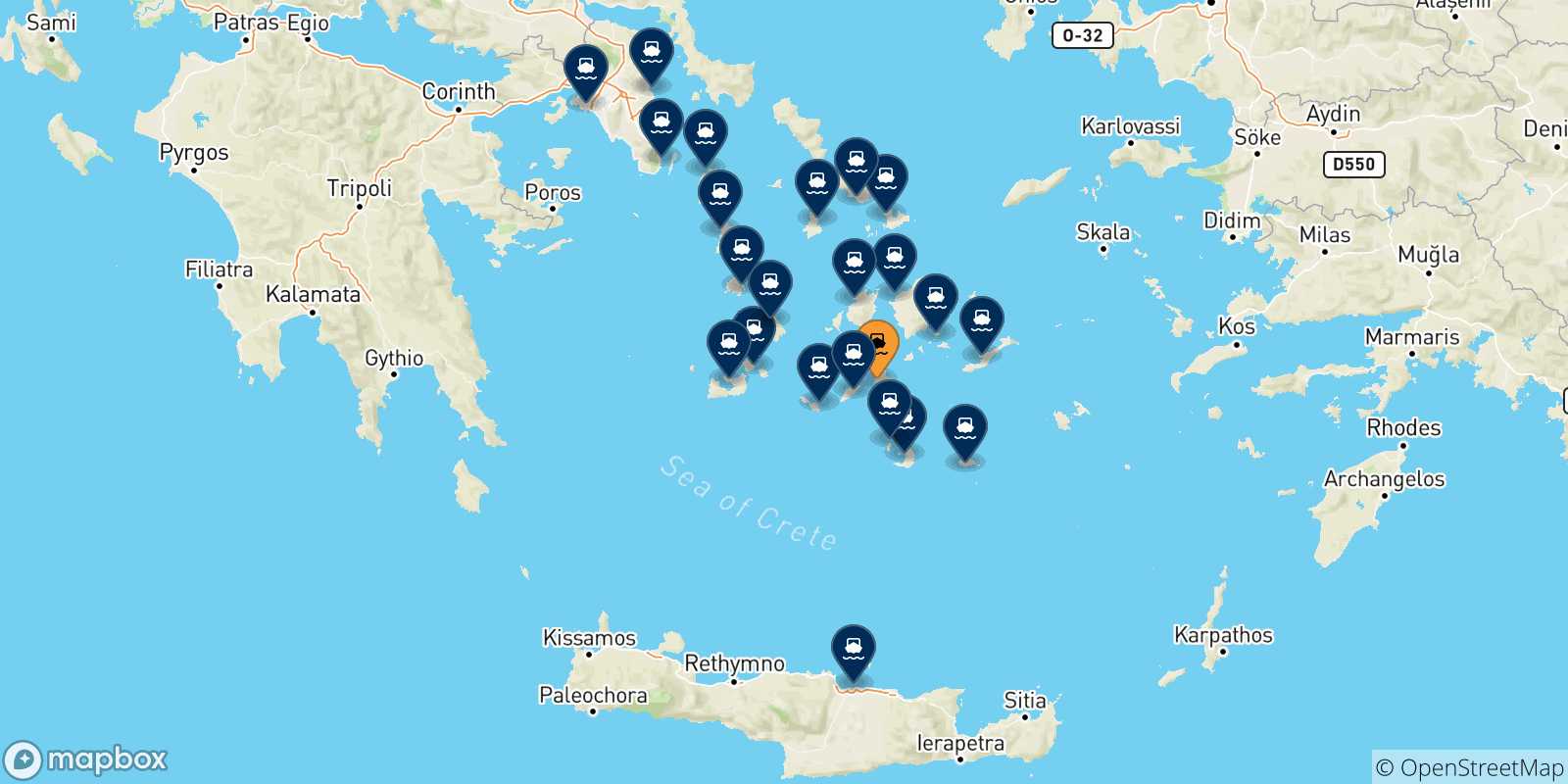 Map of the possible routes between Ios and Greece