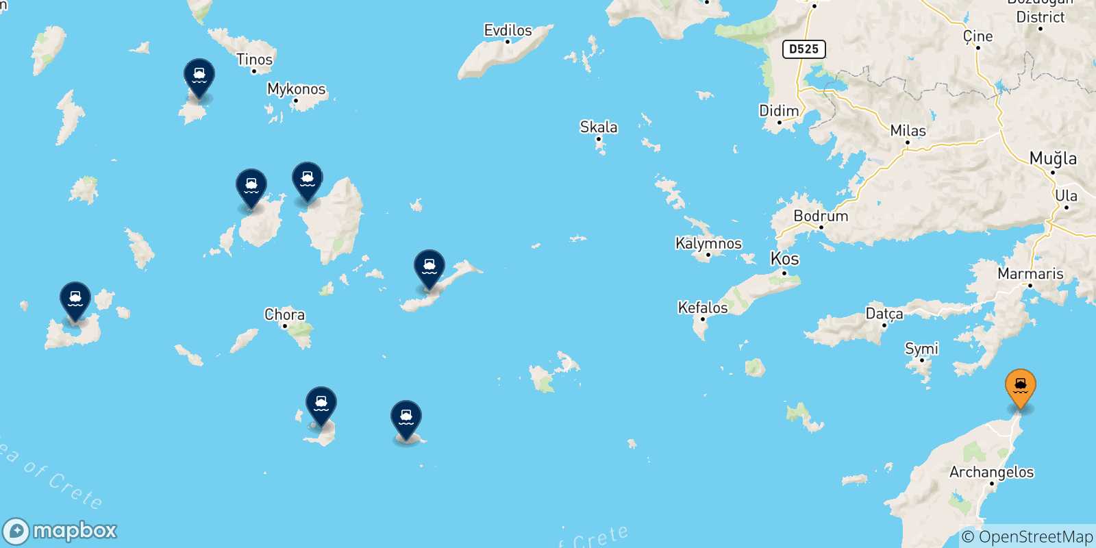 Map of the possible routes between Rhodes and Cyclades Islands