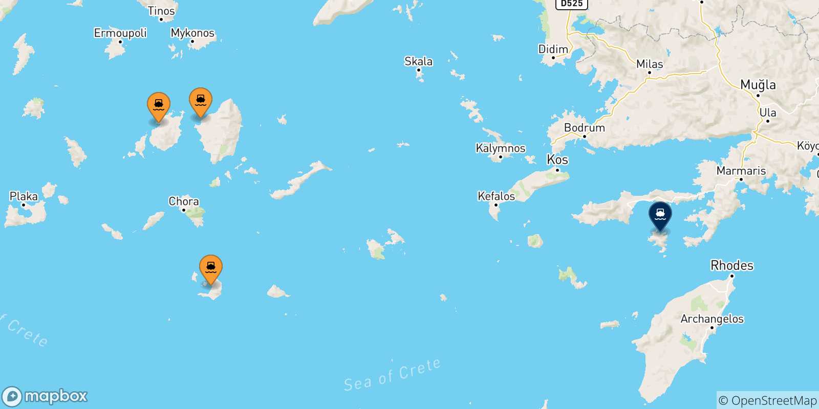 Map of the possible routes between Cyclades Islands and Symi