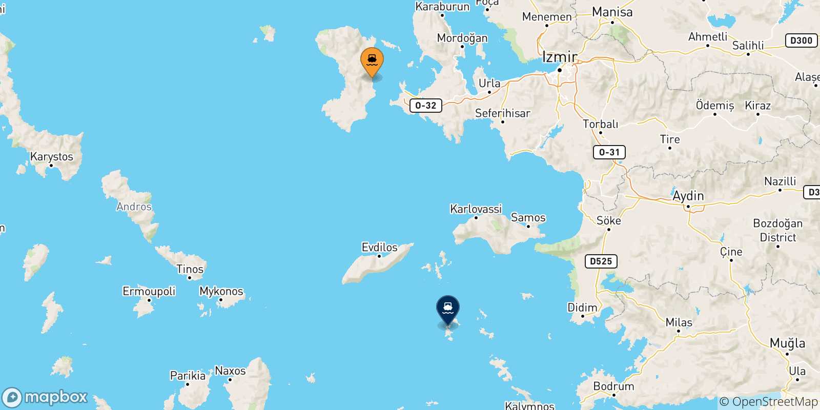 Map of the possible routes between Chios and Dodecanese Islands