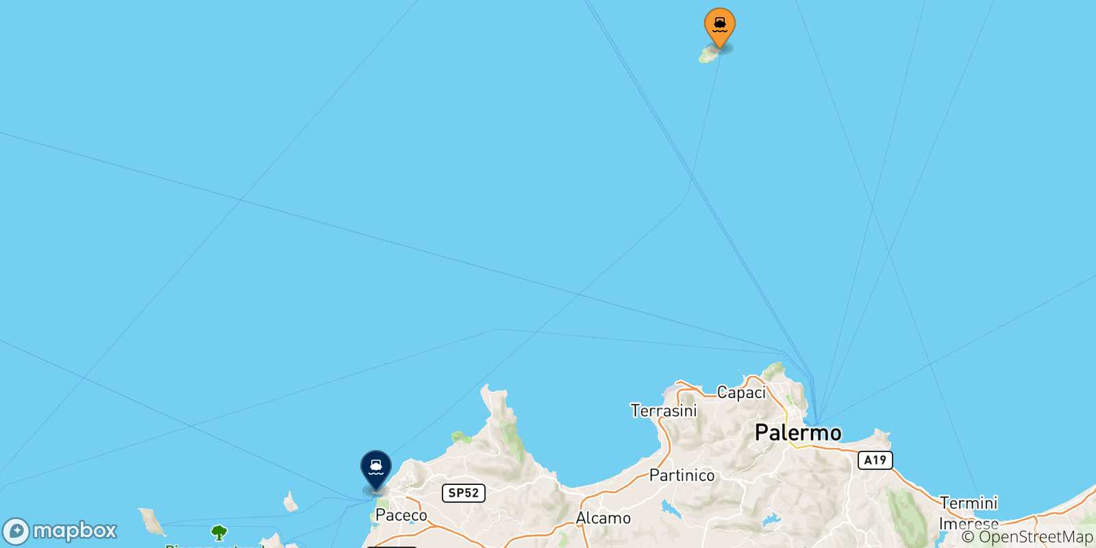 Map of the possible routes between Ustica Island and Trapani