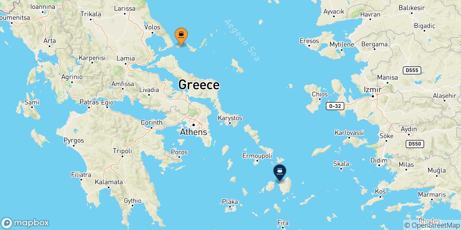 Map of the possible routes between Sporades Islands and Naxos