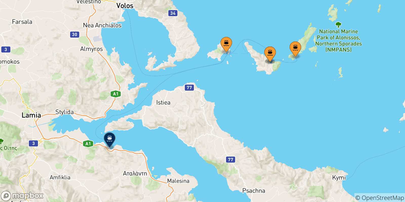 Map of the possible routes between Sporades Islands and Agios Konstantinos