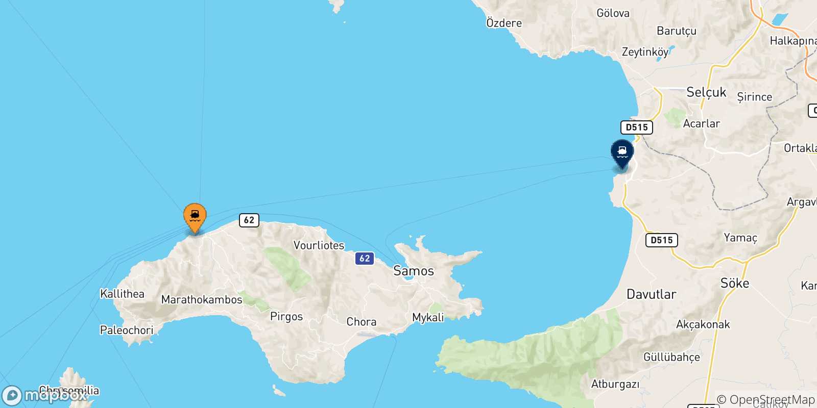 Map of the possible routes between Pythagorio (Samos) and Turkey