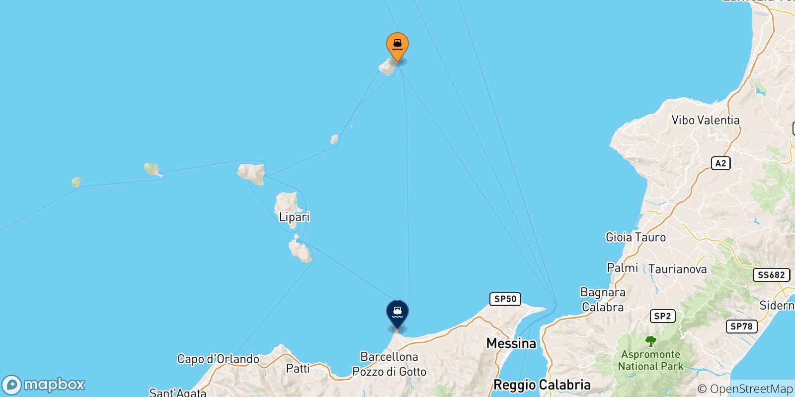 Map of the possible routes between Stromboli and Sicily