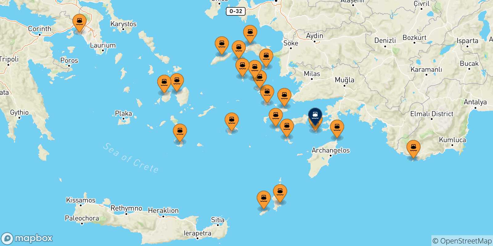 Map of the possible routes between Greece and Symi