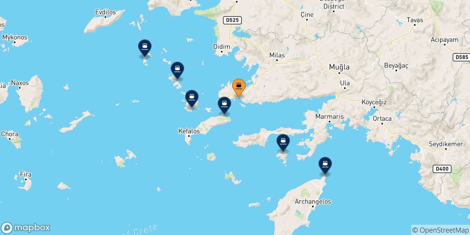 Map of the possible routes between Bodrum and Dodecanese Islands