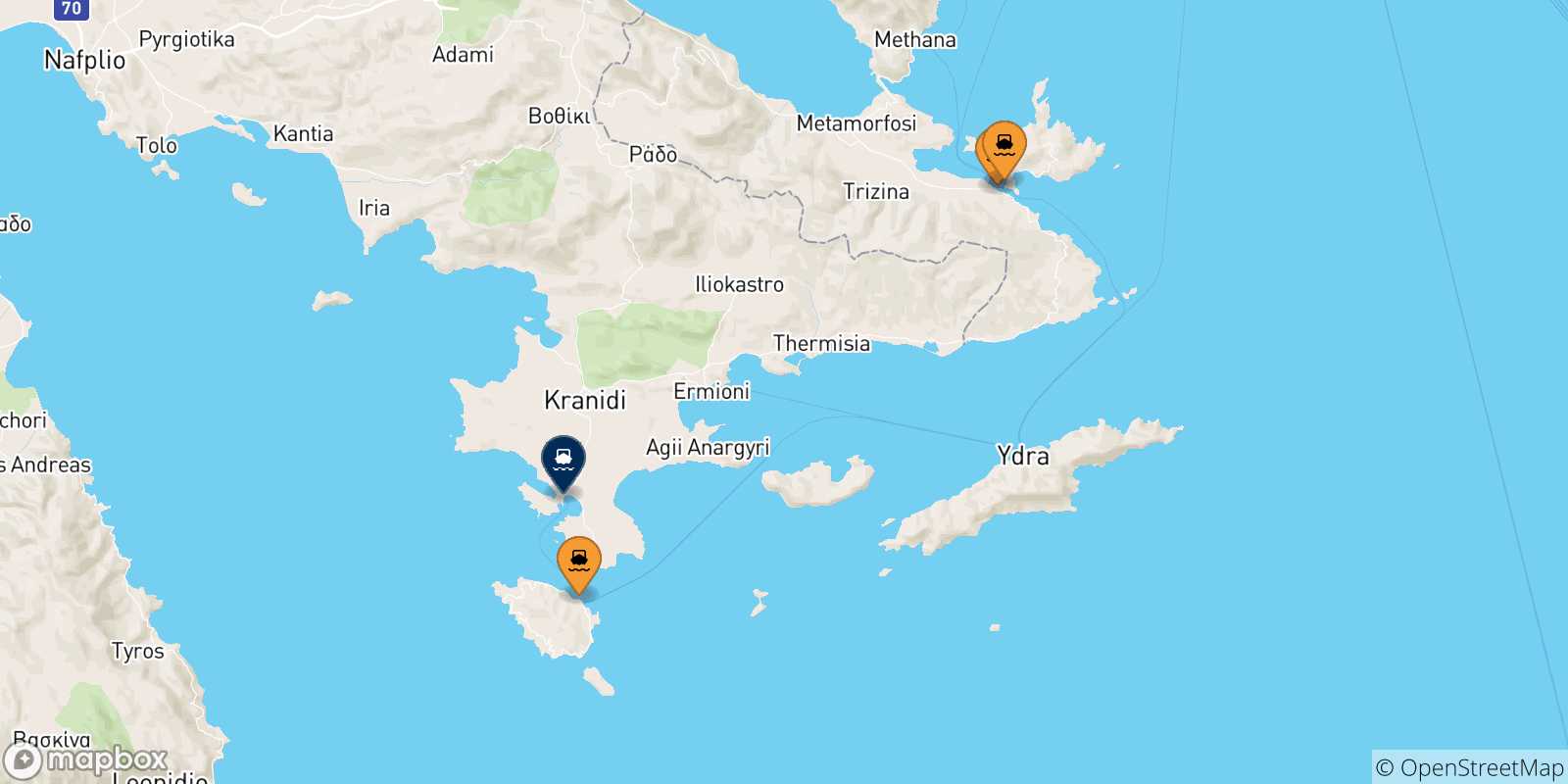 Map of the possible routes between Saronic Islands and Porto Heli