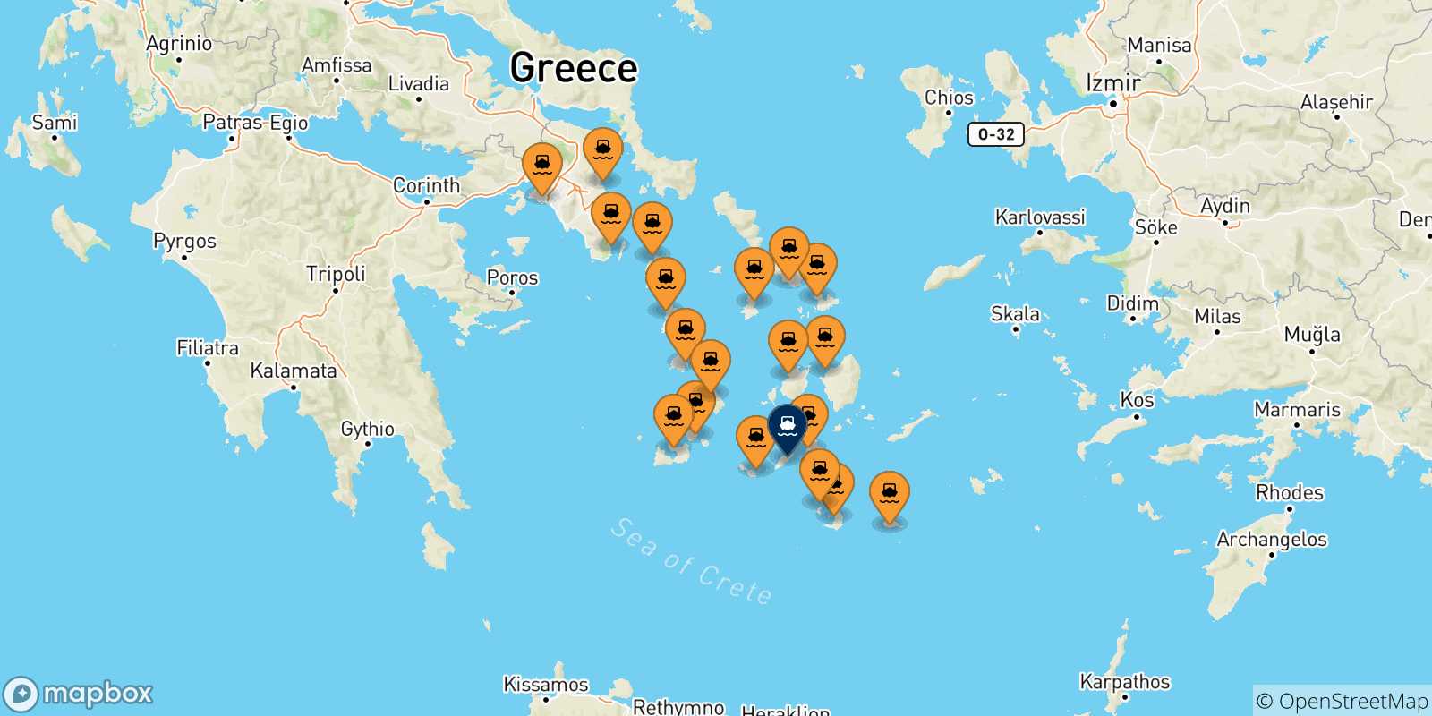 Map of the possible routes between Greece and Sikinos