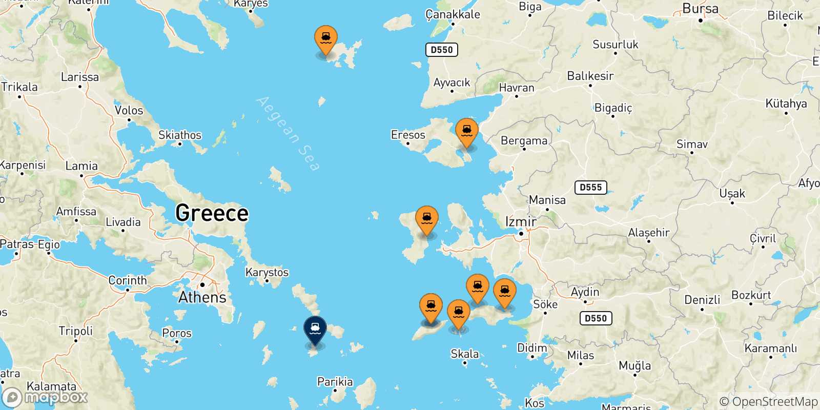 Map of the possible routes between Aegean Islands and Syros