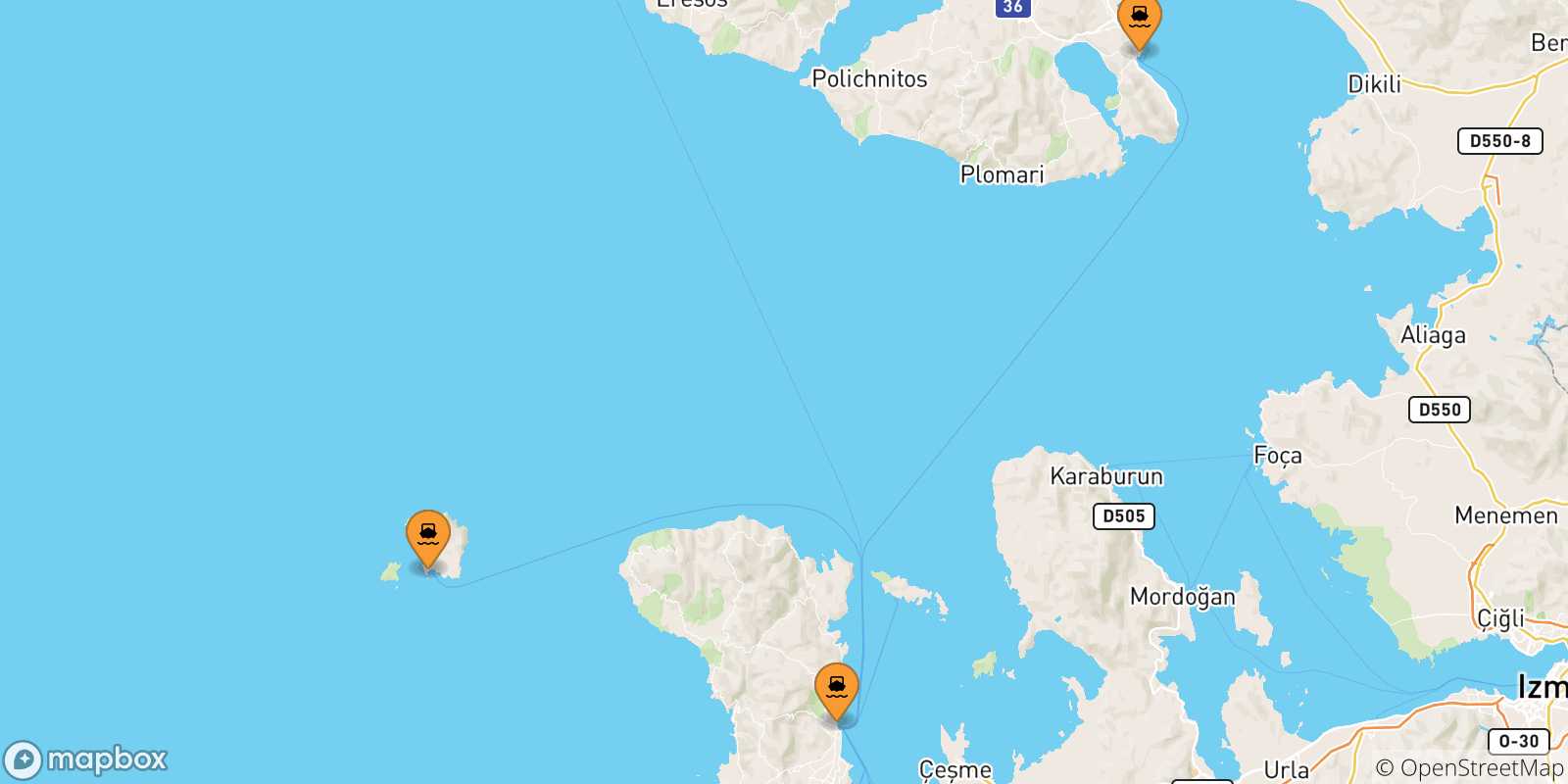 Map of the possible routes between Aegean Islands and Inousses