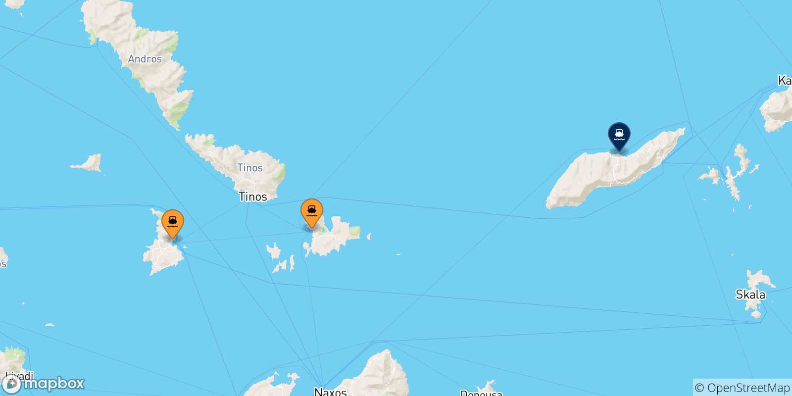 Map of the possible routes between Cyclades Islands and Agios Kirikos (Ikaria)